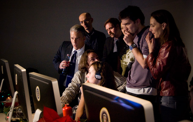 Cast and crew watching rough edit